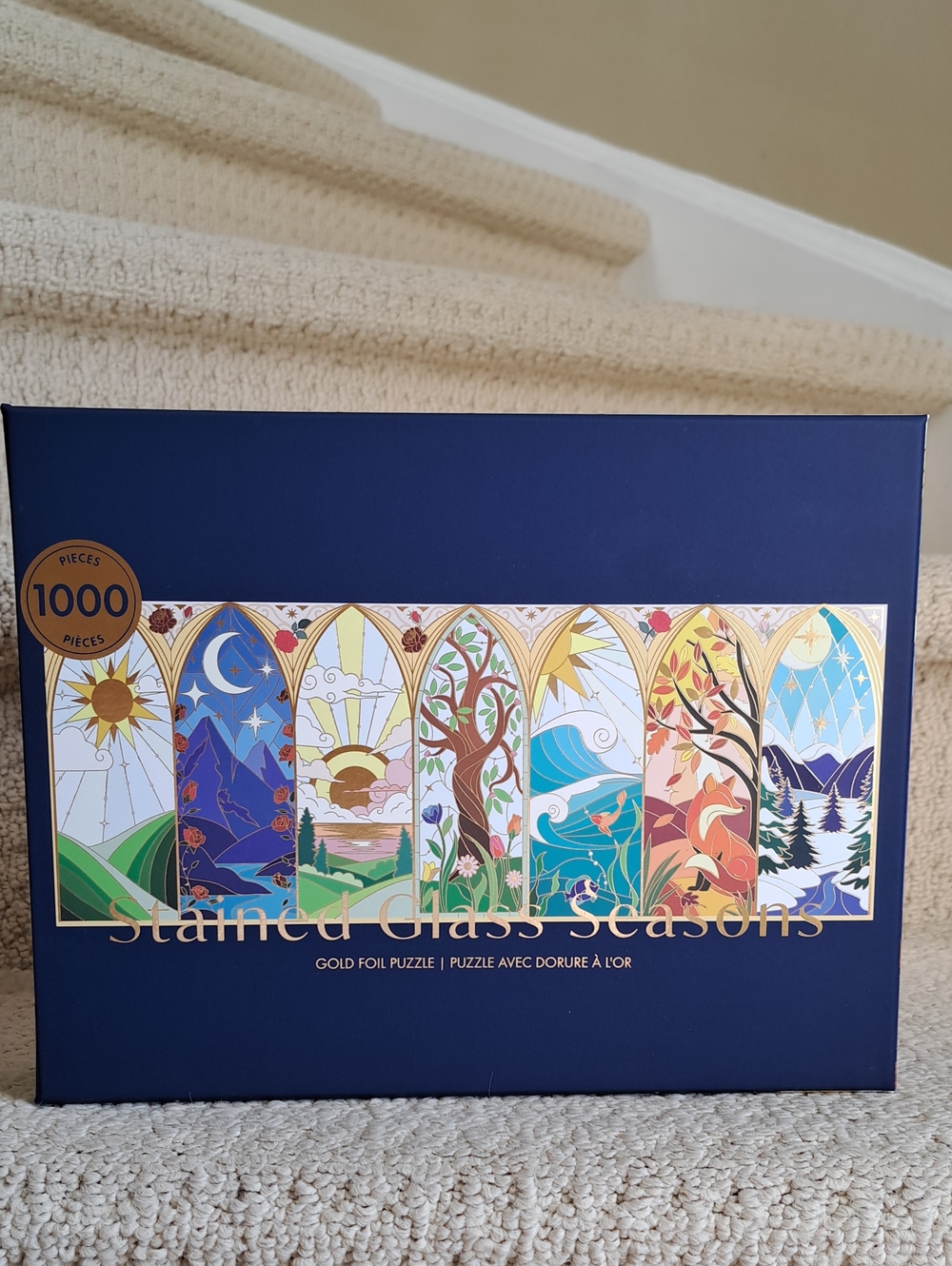 HOBBRY Stained Glass Seasons Gold Foil 1000 Piece Jigsaw Puzzle. New!